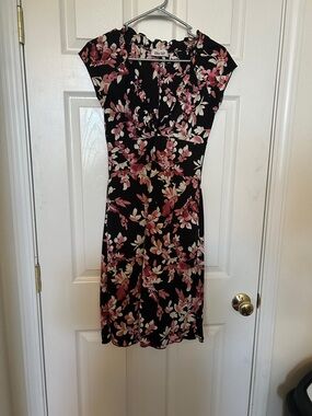 Black Floral Midi Dress with Pink & Cream Blooms